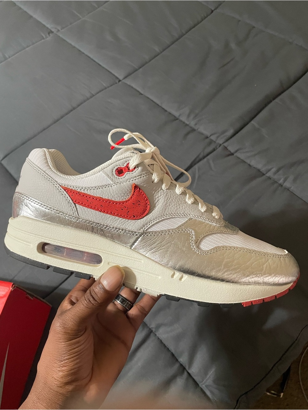 Nike Men’s Air Max 1 Low Top Sneakers - White, Silver & Red